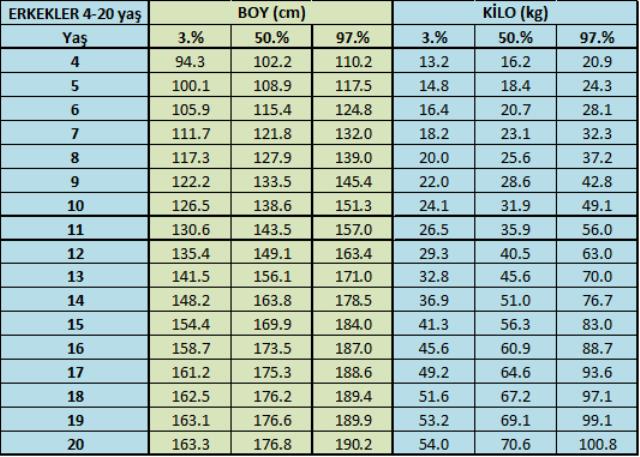 4 20 yaş erkek boy kilo